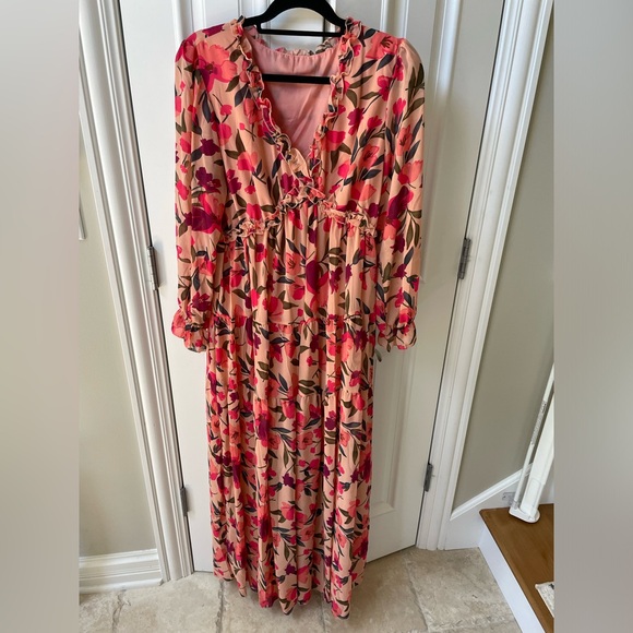 Floral maxi dress, deep V neck, long sleeve dress, size large - Picture 3 of 4